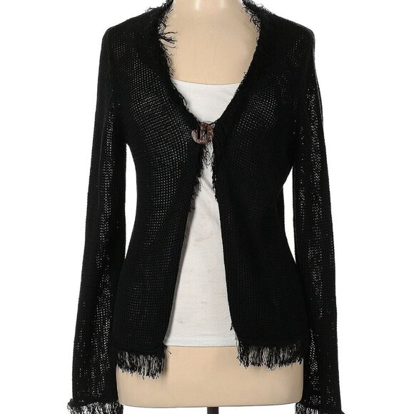 Chico's Size 2/ US L Womens Cardigan Open Weave One Button Fringe Bohemian Linen - Picture 2 of 11